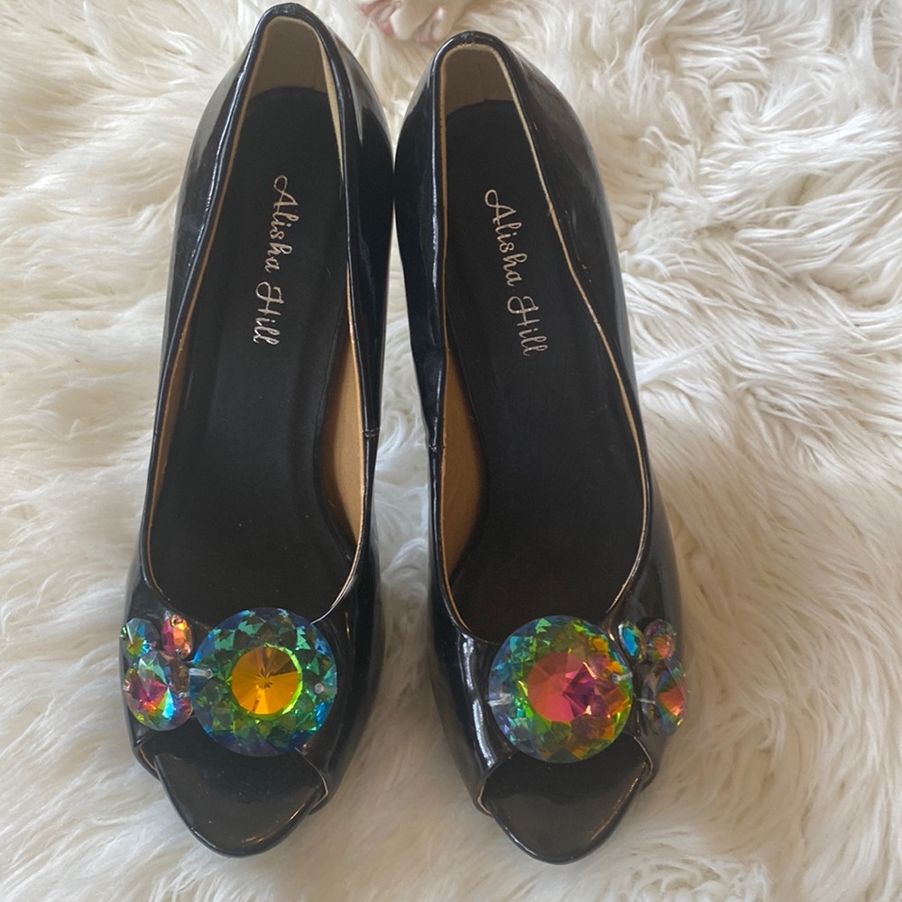 Alisha Hill black patent pumps with chunky stones